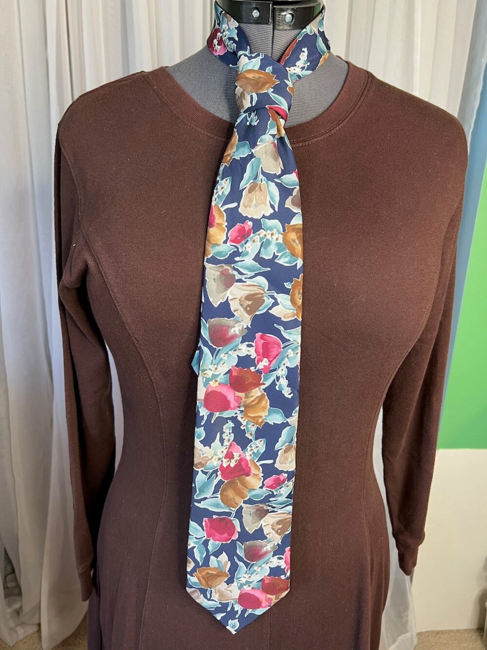 Tie vintage 1980s abstract floral pink blue